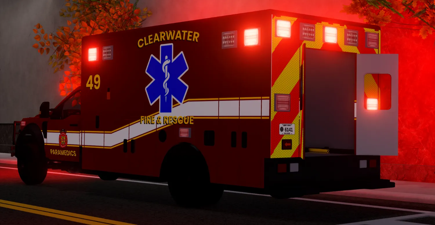 Clearwater Fire Rescue 49 ambulance with lights on